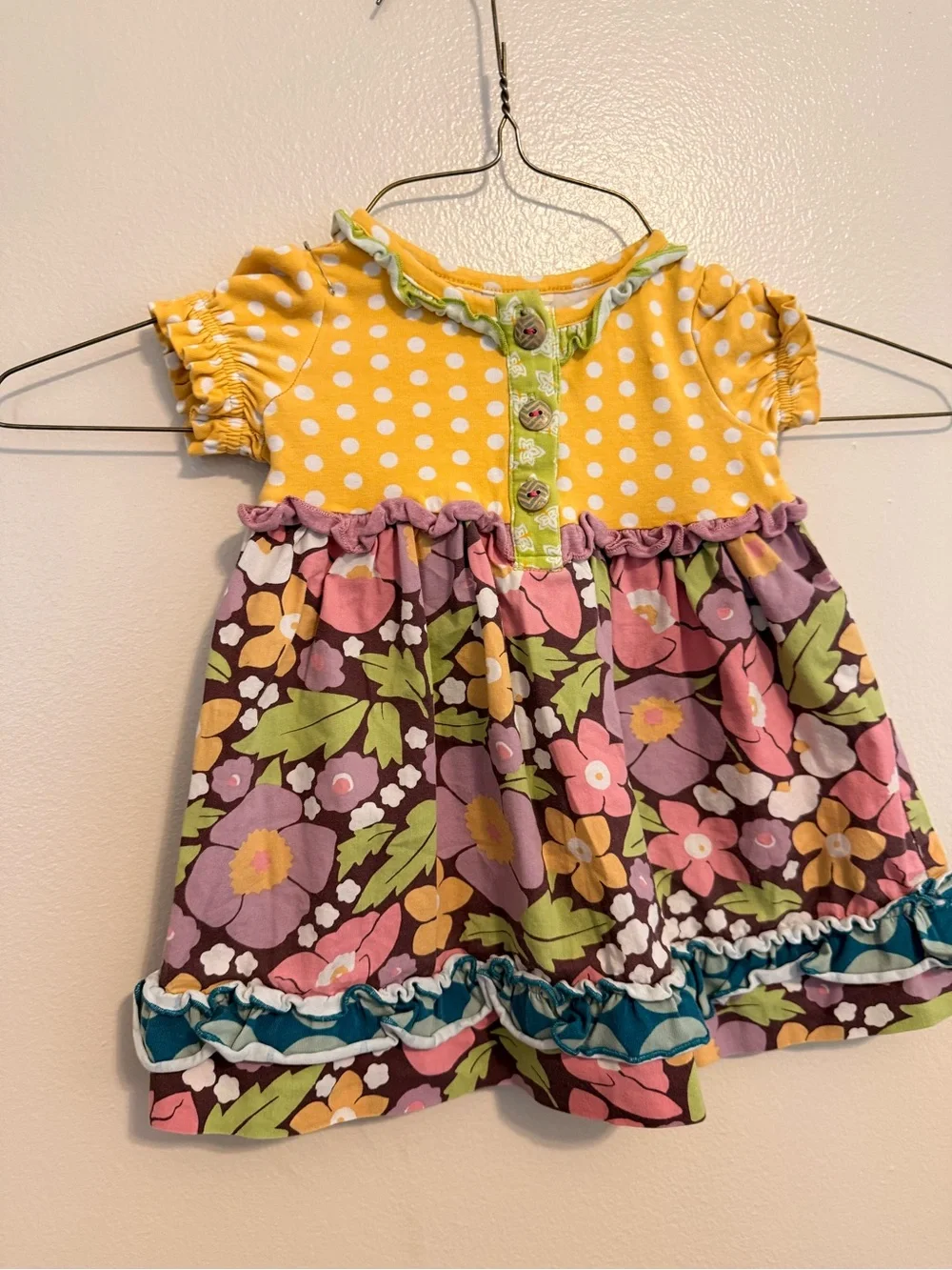 Matilda Jane 6-12M Yellow Polka Dot Floral Patchwork Ruffle Boutique Dress